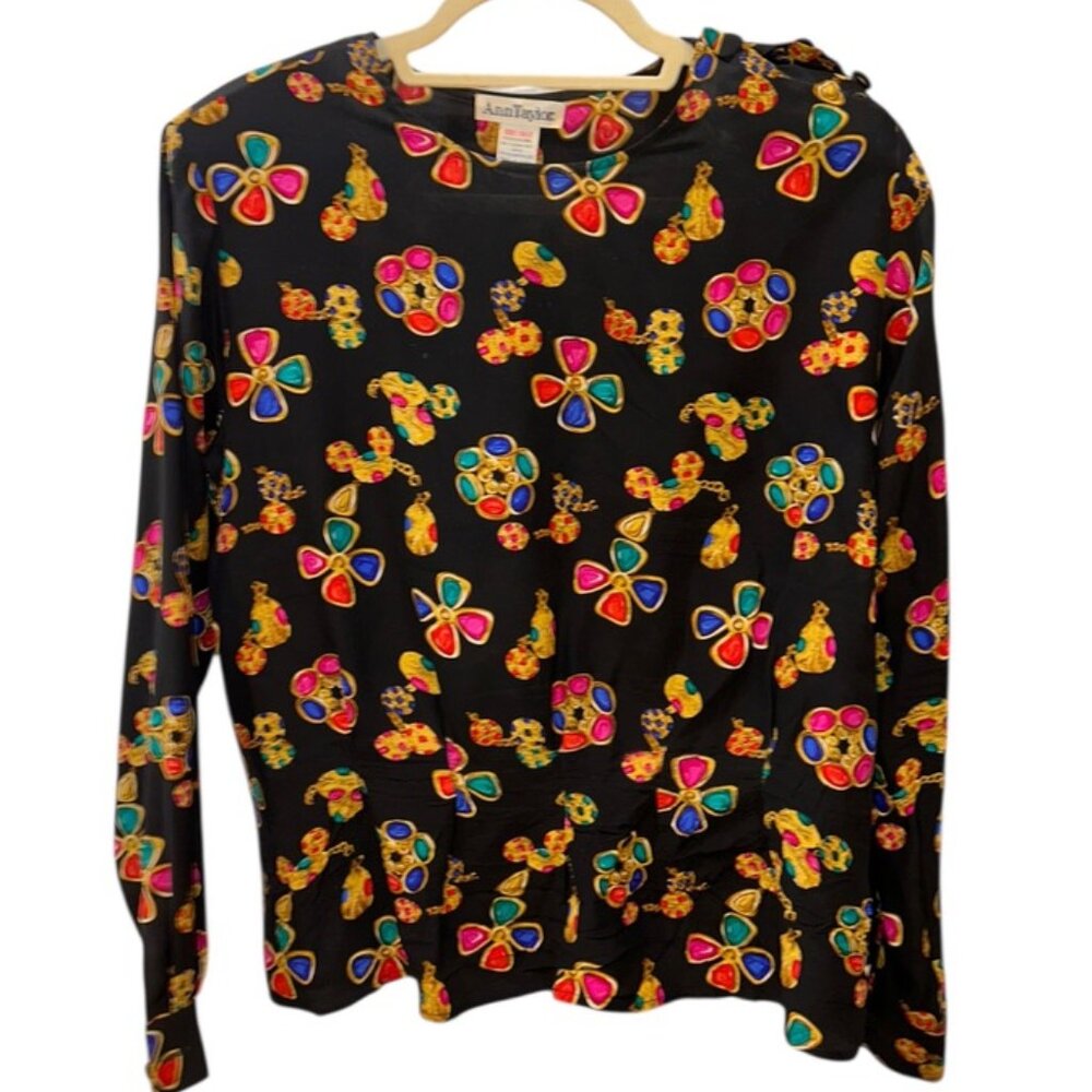 Ann Taylor Y2K 100% Silk Vintage black jewels gemstones print blouse top 12